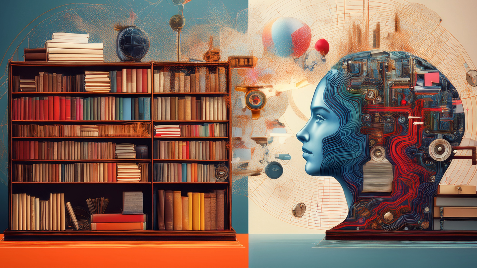 A split-image showing a bookshelf full of books on the left and a stylized human head made of circuits and wires on the right, symbolizing AI as both cultural knowledge and technological agency.