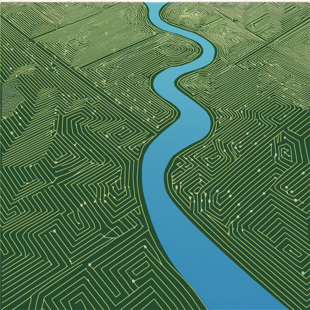Stylized AI artwork showing a blue river winding through green circuit-board patterns, symbolizing AI mapping of waterways.