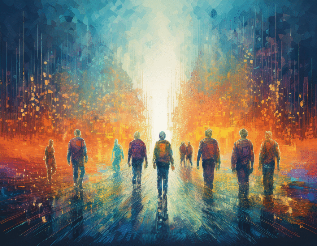 Abstract digital painting of a diverse group of people walking toward a bright horizon through a cityscape of warm oranges and cool blues, symbolizing hope and progress.