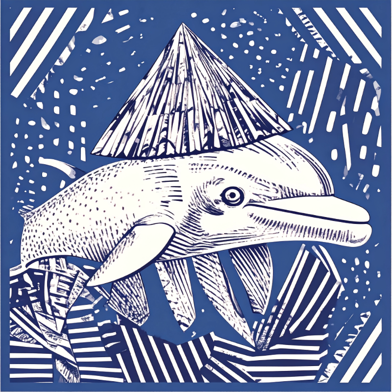 Illustration of a dolphin wearing a tinfoil hat, rendered in a blue linotype style, symbolizing the connection between AI technology and ocean conservation.