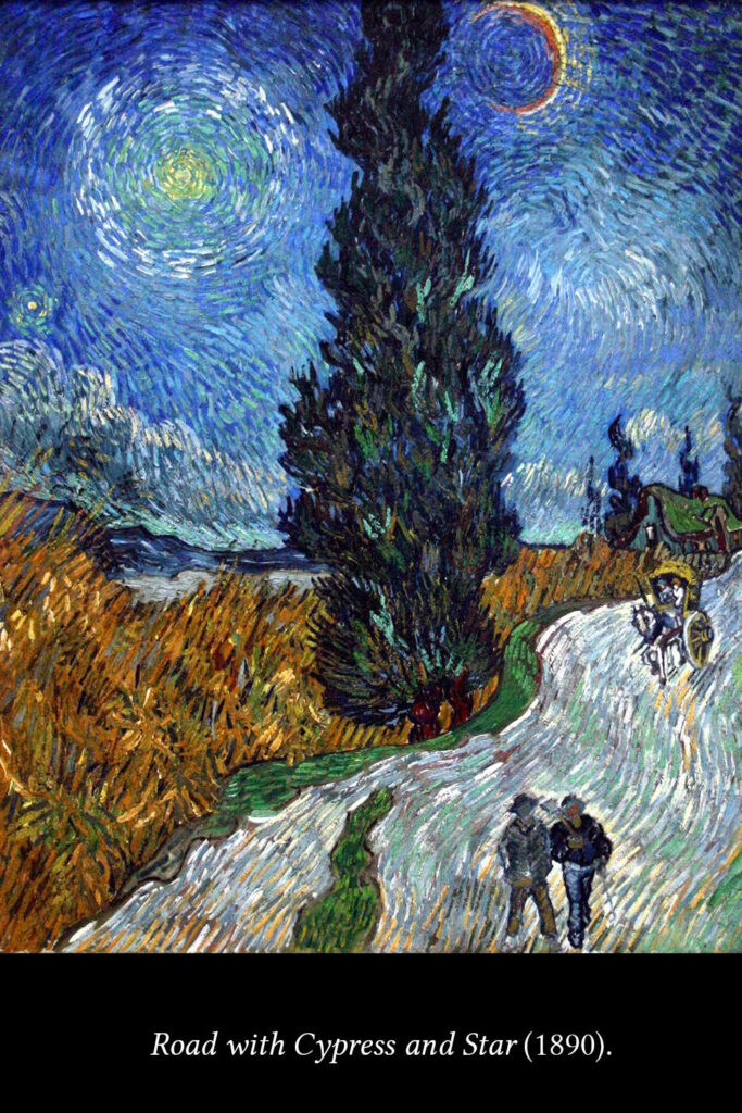 Vincent van Gogh’s “Road with Cypress and Star” showing a winding path, tall cypress tree, and swirling night sky.