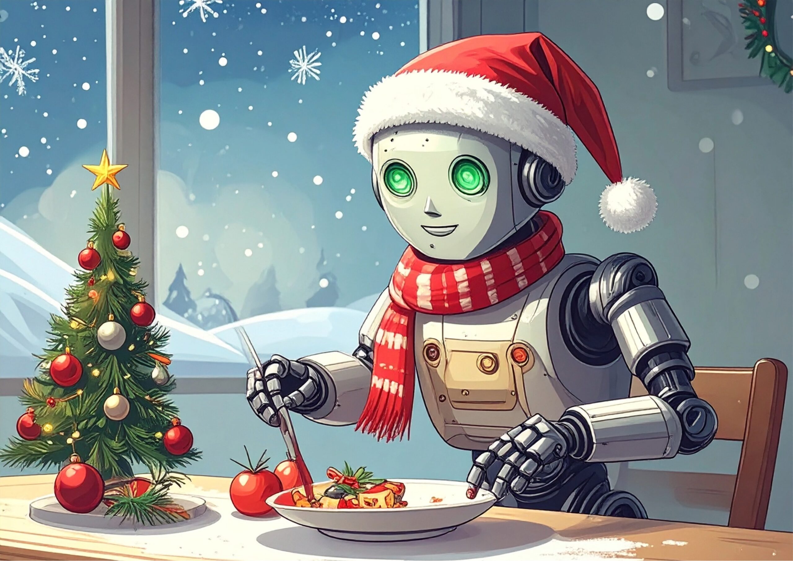 A friendly robot wearing a Santa hat and red scarf sits at a table eating a holiday meal beside a small decorated Christmas tree, with snow falling outside the window.