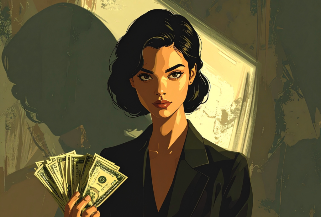 Illustrated woman in business attire holding cash against vintage urban background