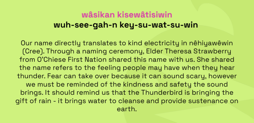 Green graphic explaining the name wâsikan kisewâtisiwin (pronounced “wuh-see-gah-n key-su-wat-su-win”), which translates to “kind electricity” in nêhiyawêwin (Cree). The text describes how the name, shared through a naming ceremony by an Elder, refers to thunder that may sound frightening but brings rain, cleansing, safety, and sustenance to the earth.