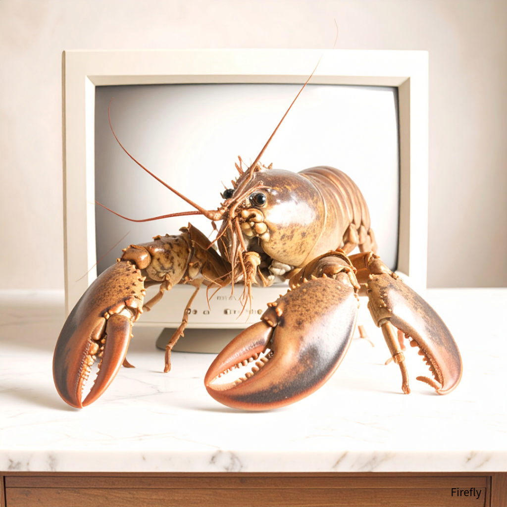 Lobster climbing out of a vintage computer monitor on a marble surface.