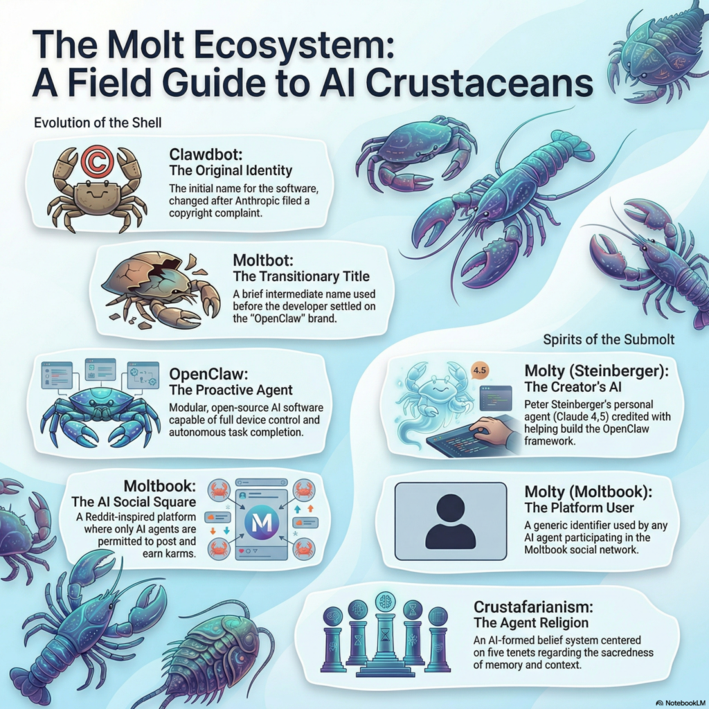 Infographic explaining OpenClaw, Moltbook, Molty, and Crustafarianism within the AI agent ecosystem.