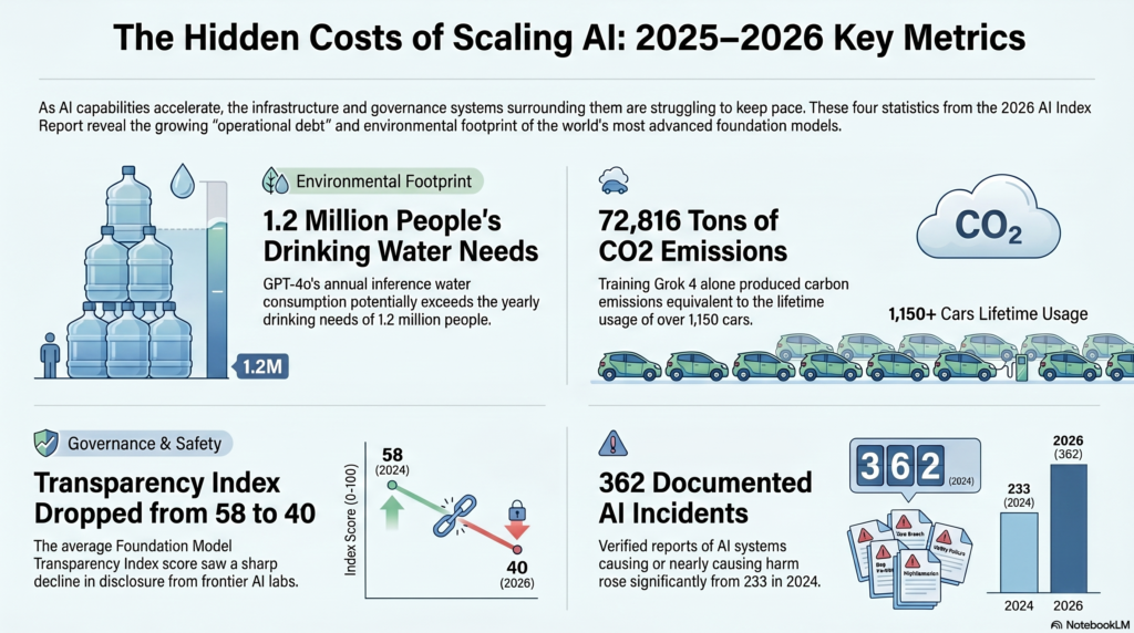 Infographic titled "The Hidden Costs of Scaling AI: 2025–2026 Key Metrics" showing four statistics: GPT-4o's annual water use exceeds drinking needs of 1.2 million people; training Grok 4 produced 72,816 tons of CO2 equivalent to 1,150+ cars' lifetime usage; the Foundation Model Transparency Index dropped from 58 to 40; and documented AI incidents rose from 233 in 2024 to 362 in 2026. Source: NotebookLM.