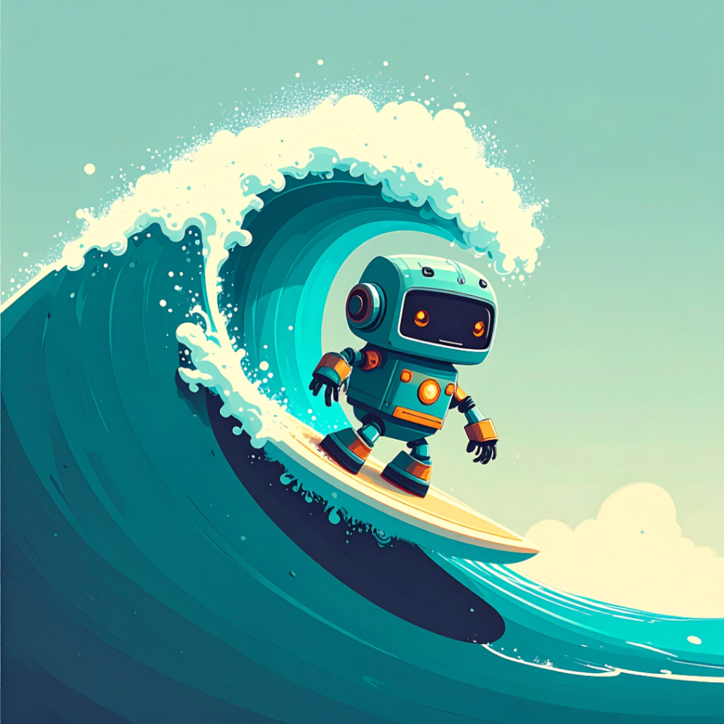 A cute illustrated robot with teal and orange accents surfing confidently inside a large curling wave, flat editorial illustration style.