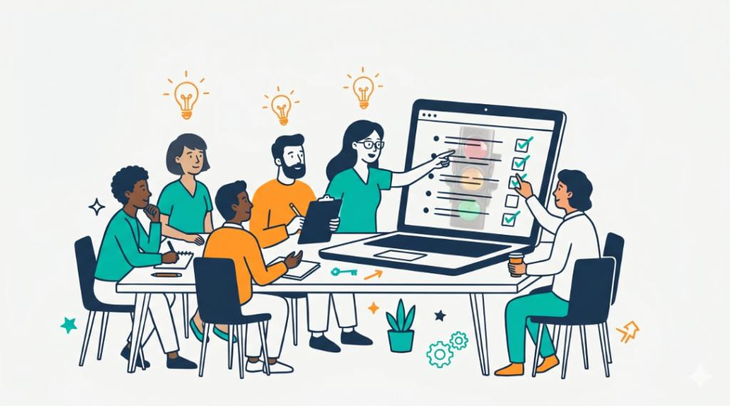 Illustrated editorial image of six diverse figures collaborating around a table with a large laptop screen displaying a checklist with red, yellow, and green indicators. One figure points at the screen while others take notes and discuss. Lightbulb icons float above the group. Color palette uses teal, orange, and dark navy consistent with AlignIQ branding.