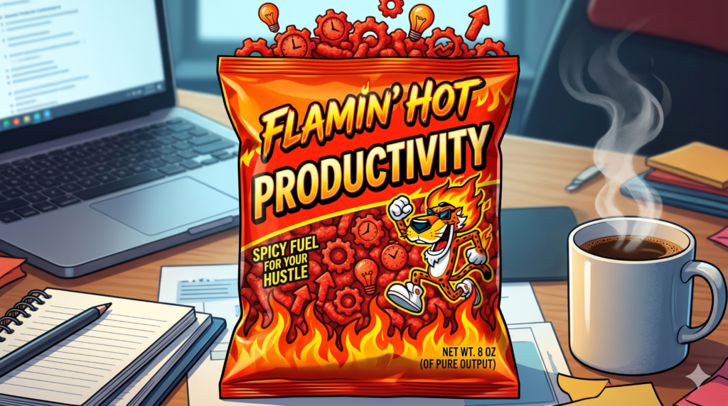 Parody image of Cheetos bag redesigned as 'Flamin' Hot Productivity' with office setting background including laptop and coffee