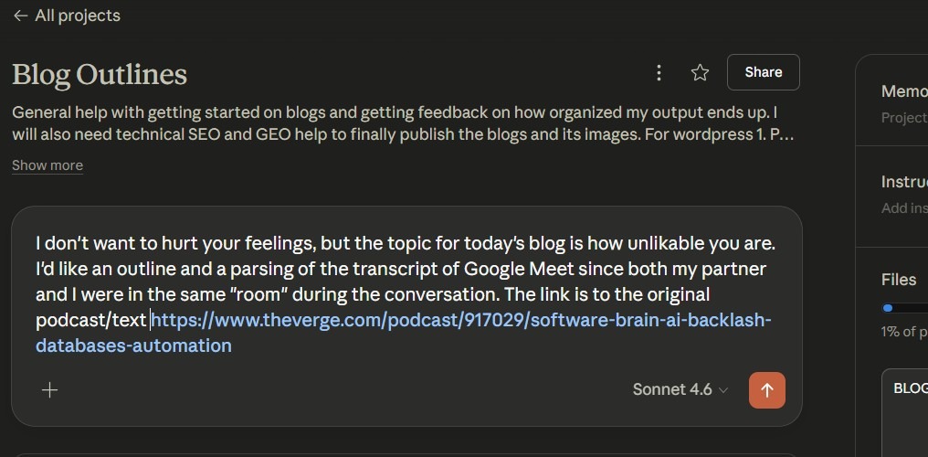 Screenshot of Notion project titled 'Blog Outlines' showing the blog planning interface