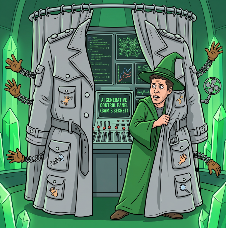 Illustration of person in green wizard robe revealing AI control panel behind curtain, depicting the hidden complexity of AI systems